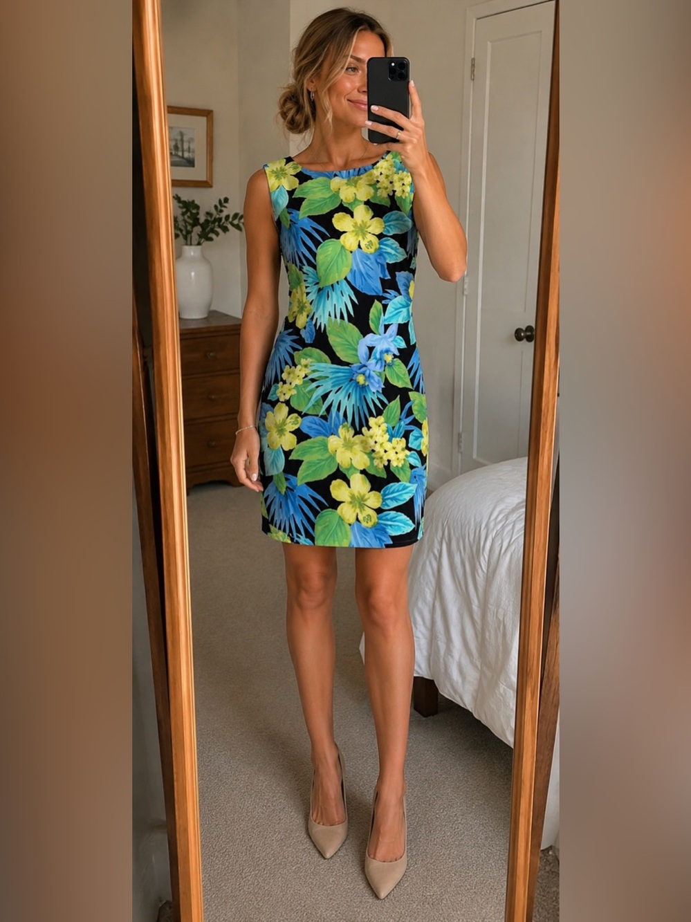 AGB Petites Women’s Shift Dress 8P Floral Spring Stretch Office Tropical Beach